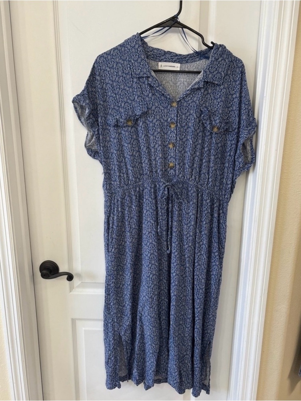 Lucky Brand Blue Printed Short Sleeve Button Front Dress XL